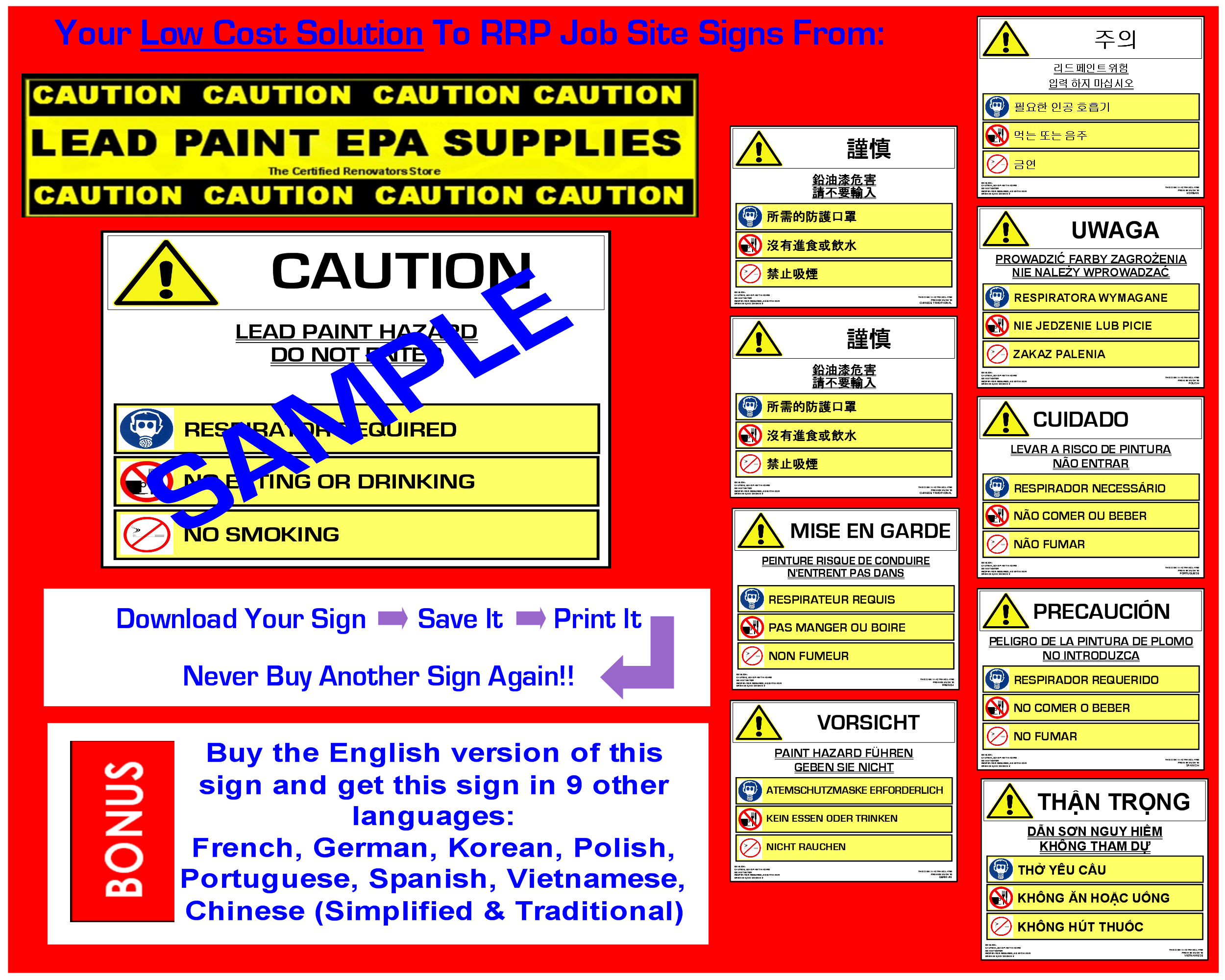 RRP Job Site Sign, Lead Paint Hazard, Symbols, 10 Languages