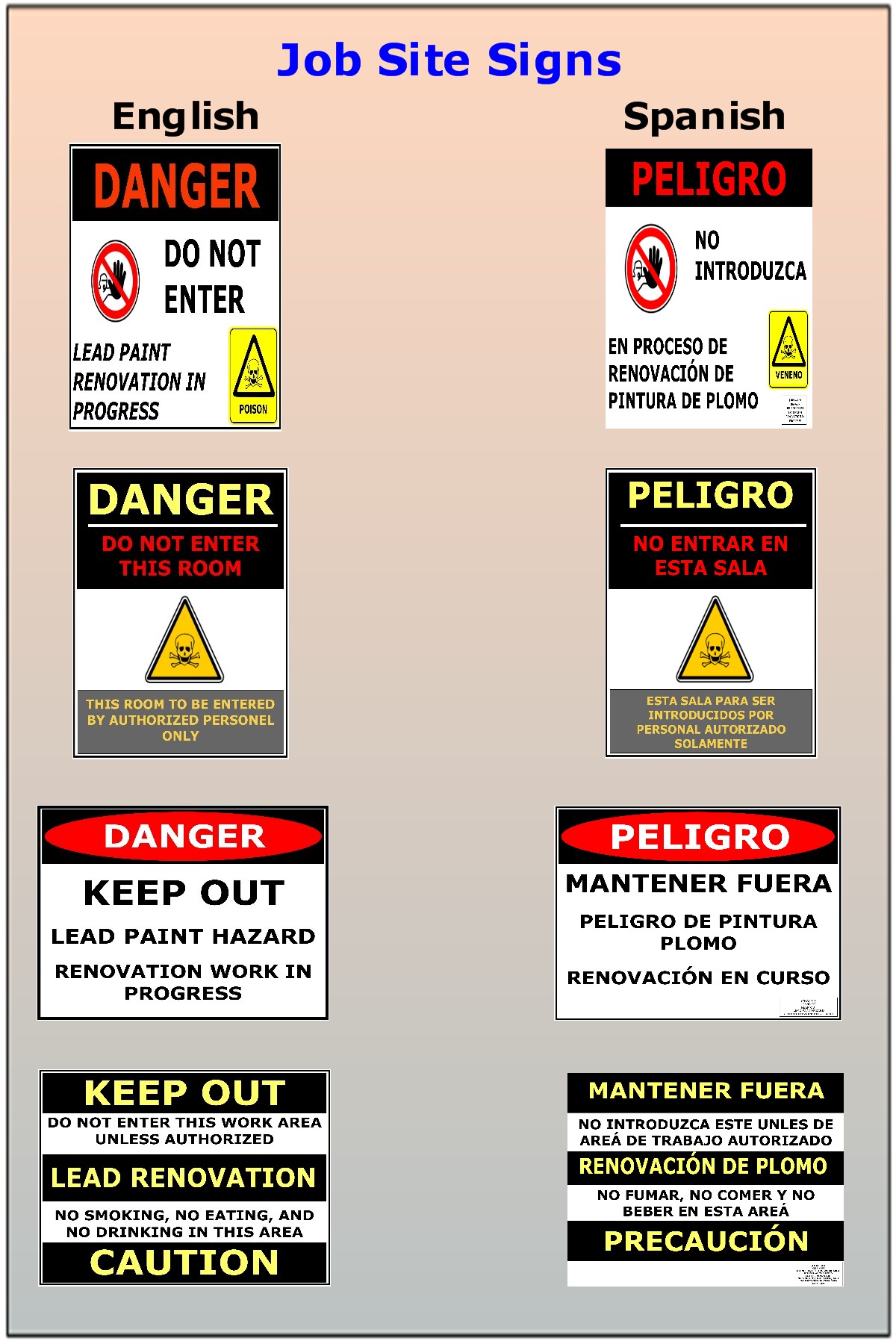 Job Site Signs, Lead Renovation, English, Spanish, PDF File.